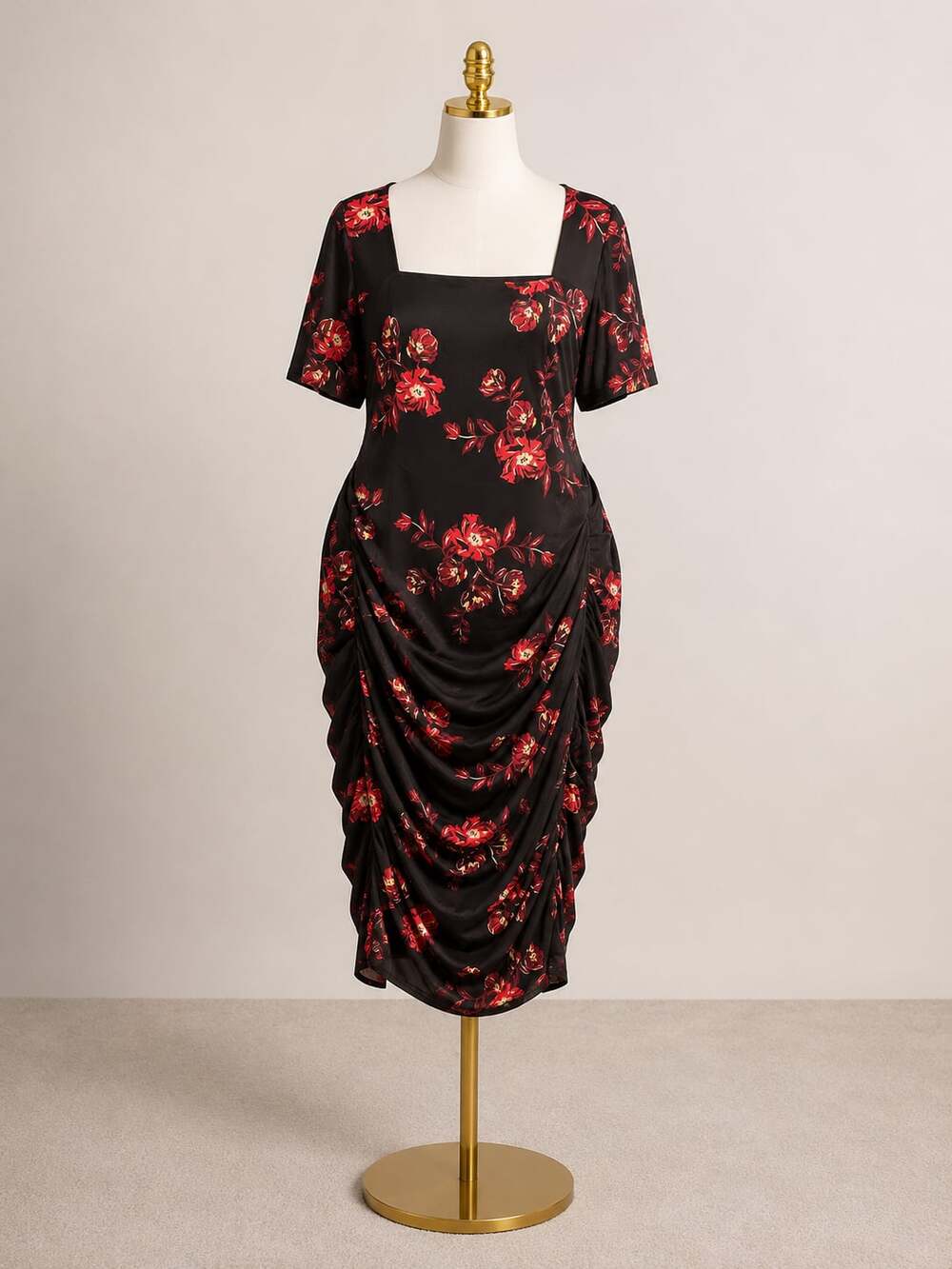 BloomChic Plus Size 2x 18-20 Floral Mesh Square Neck Ruched Midi Dress